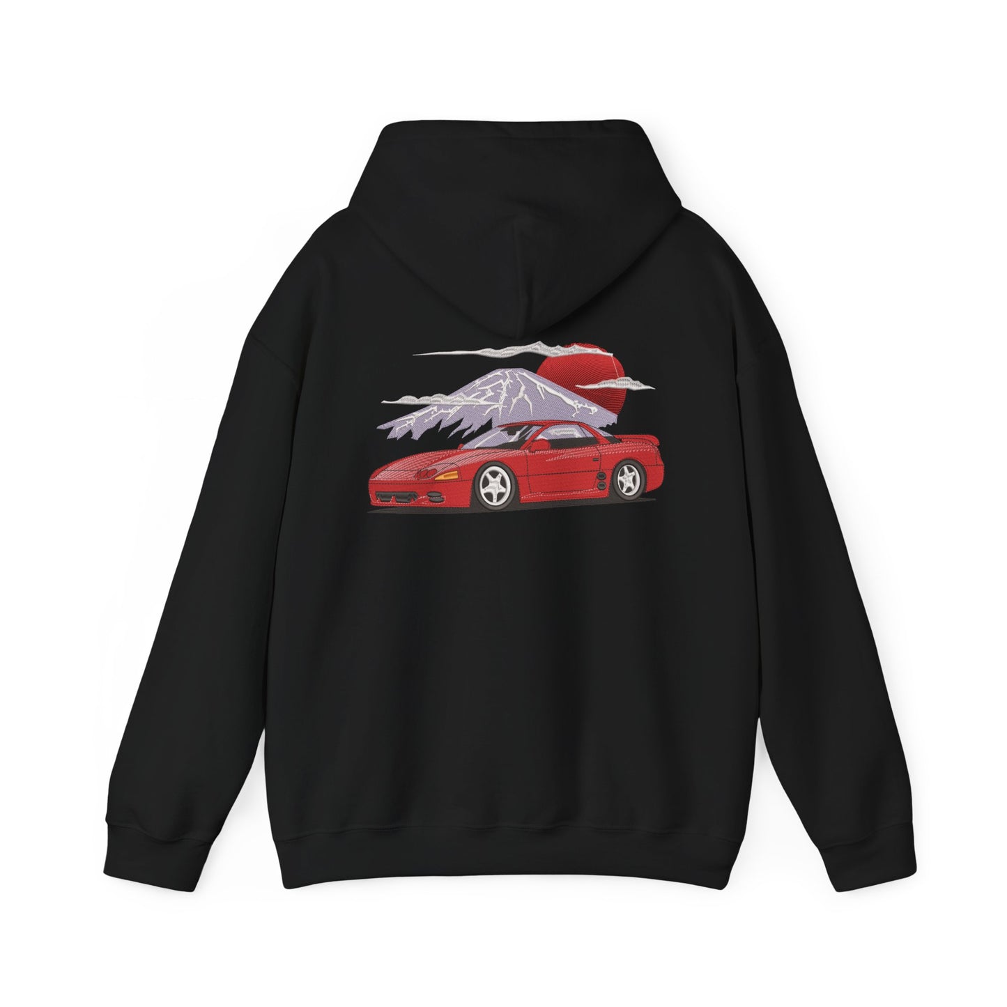 Retro Red Sports Car Hoodie — Sunset Mt. Graphic Back Print
