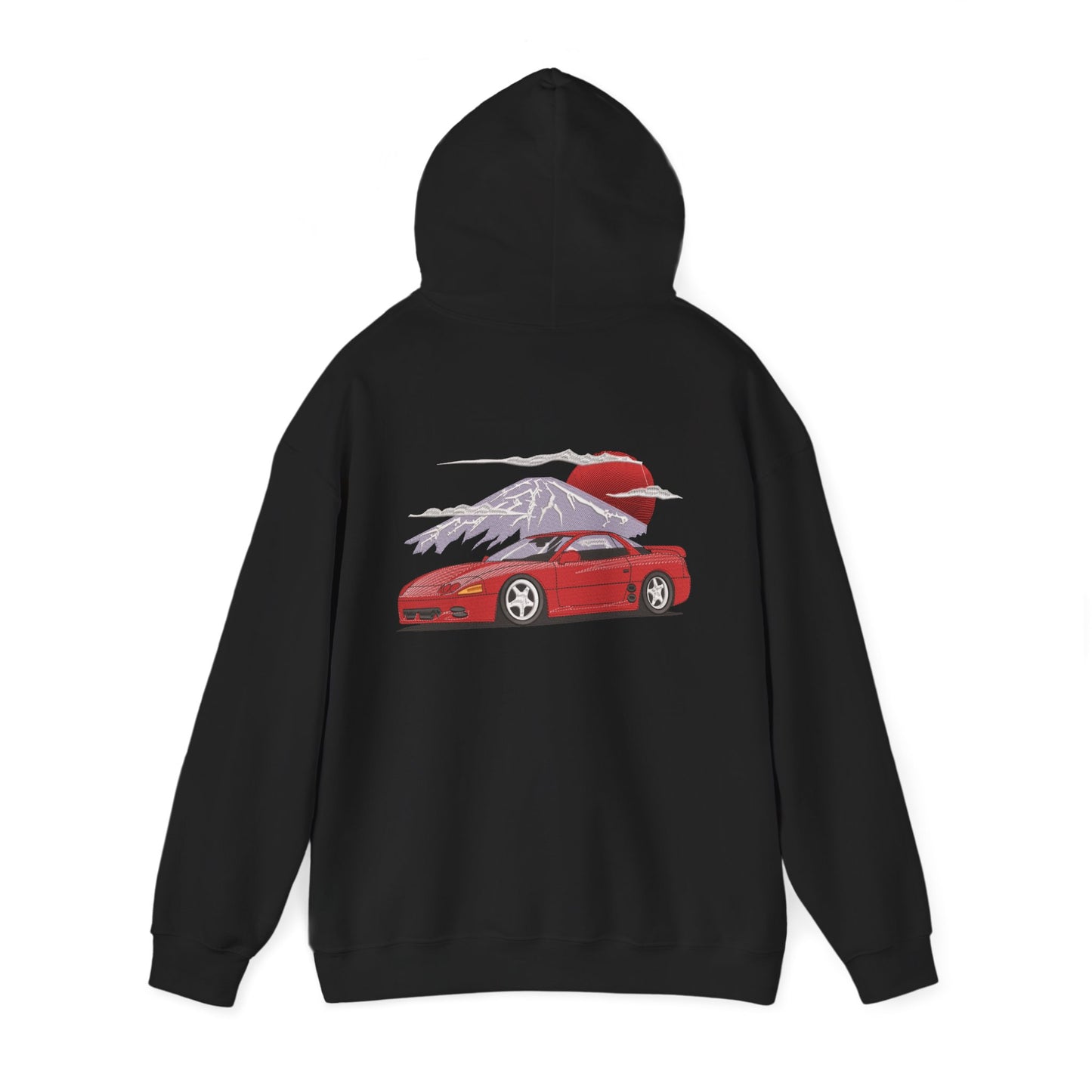Retro Red Sports Car Hoodie — Sunset Mt. Graphic Back Print
