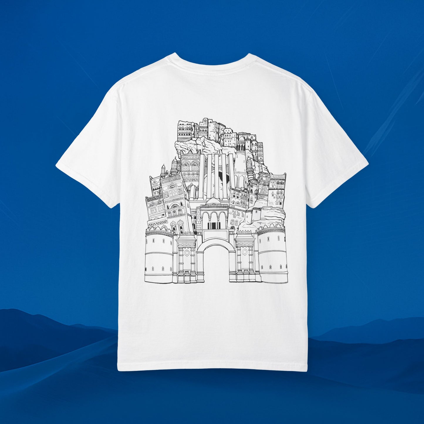 Architectural Landmark Backprint T‑Shirt — Minimal Front Logo & Detailed Castle Illustration
