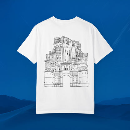 Architectural Landmark Backprint T‑Shirt — Minimal Front Logo & Detailed Castle Illustration