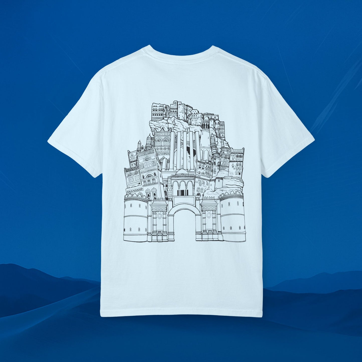 Architectural Landmark Backprint T‑Shirt — Minimal Front Logo & Detailed Castle Illustration