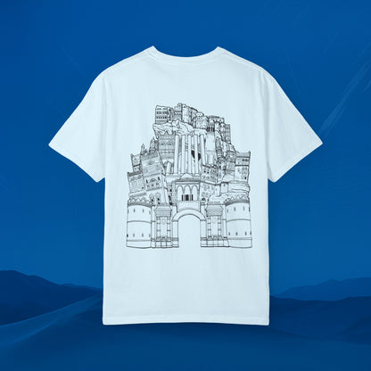 Architectural Landmark Backprint T‑Shirt — Minimal Front Logo & Detailed Castle Illustration