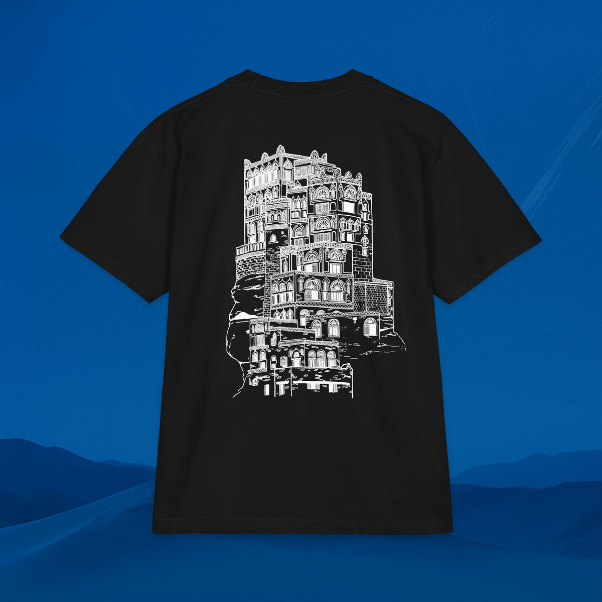 (دار الحجر ) Architectural Sketch T-Shirt — Arabic Script Front, Detailed Building Back