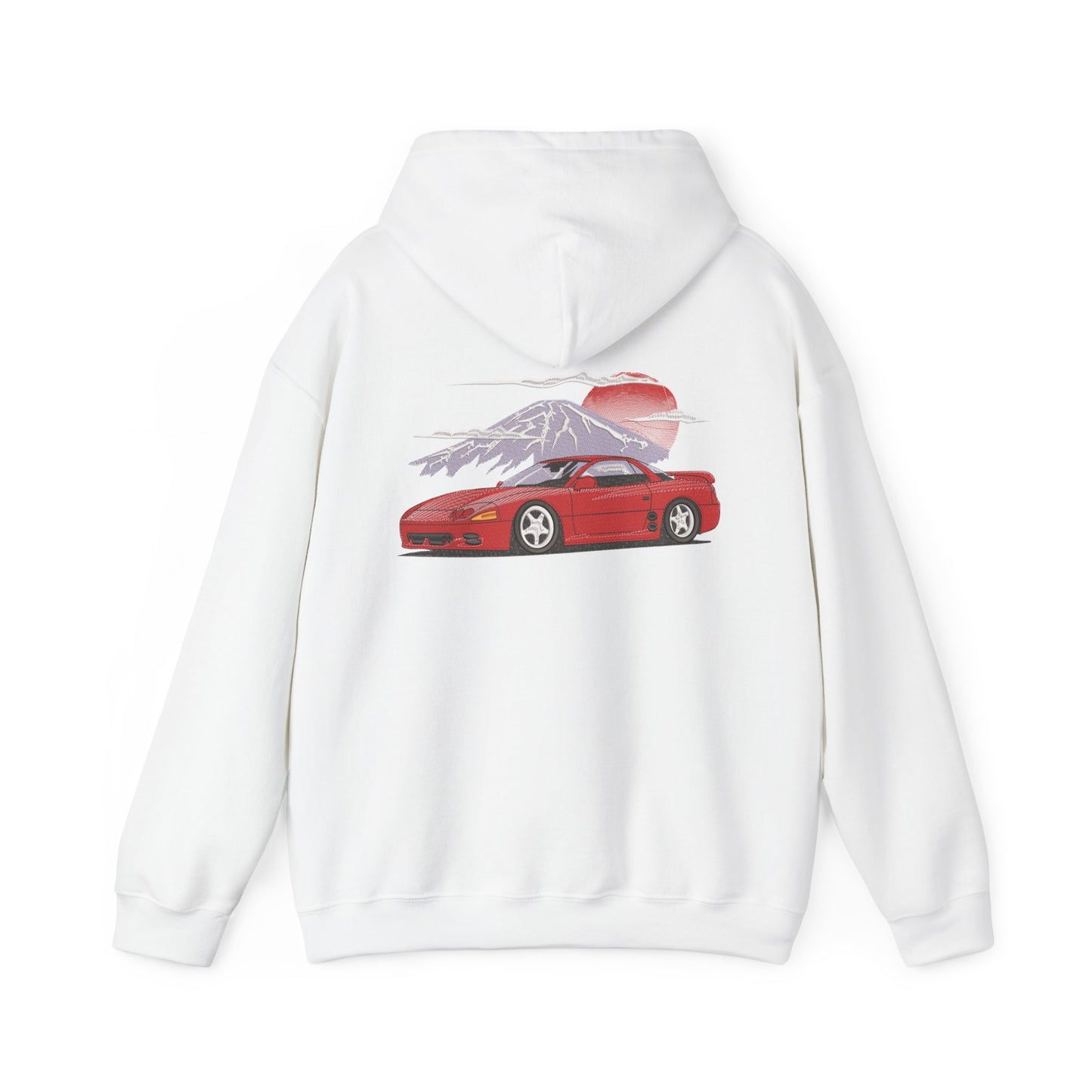 Retro Red Sports Car Hoodie — Sunset Mt. Graphic Back Print