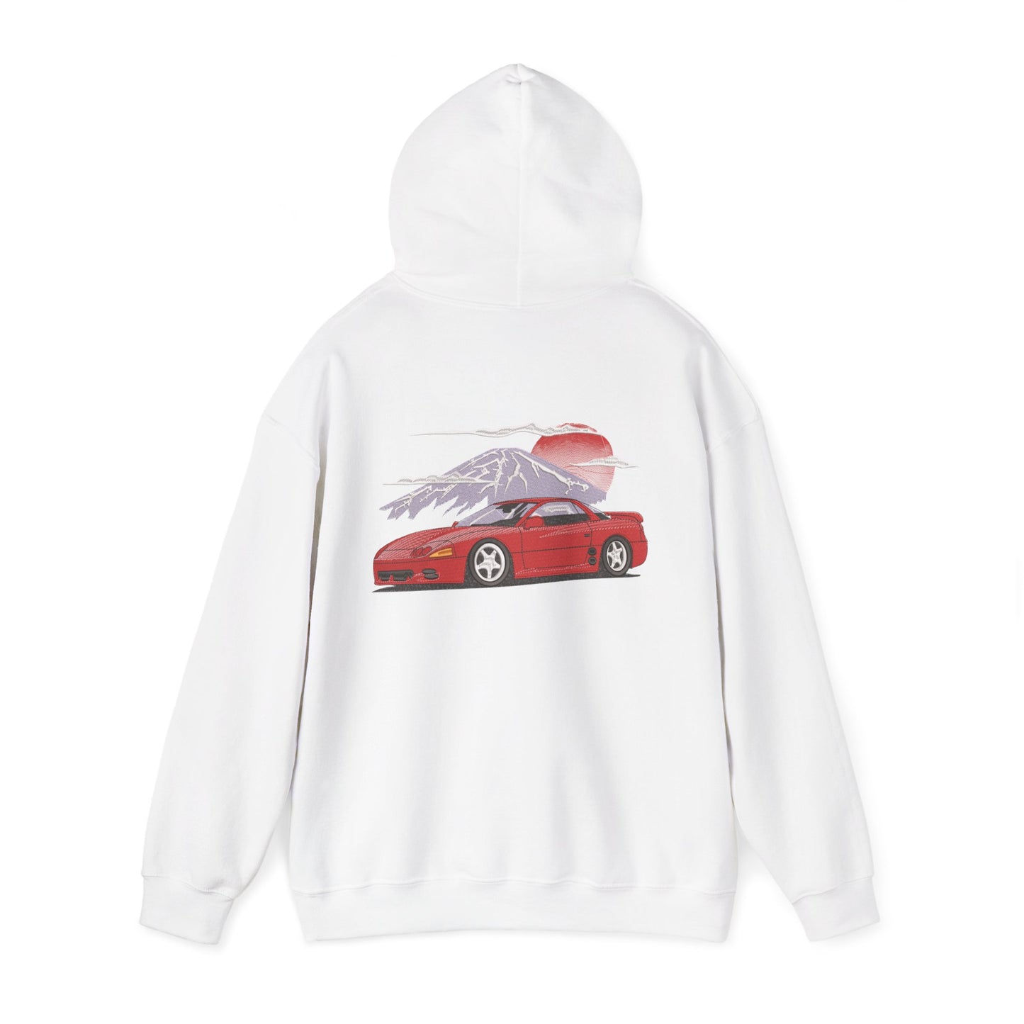 Retro Red Sports Car Hoodie — Sunset Mt. Graphic Back Print