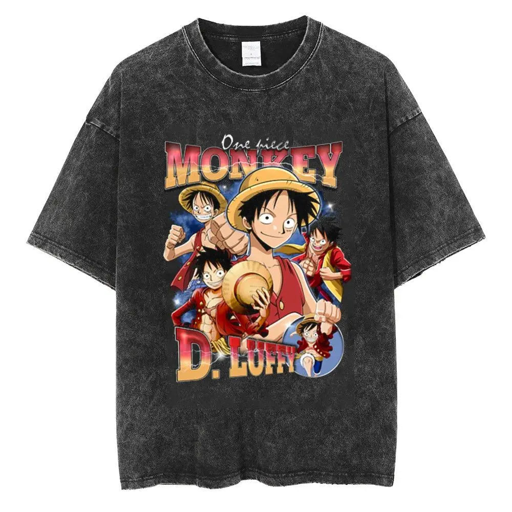 BANDAI ONE PIECE New Era Washed Old Animation T-shirt Short Sleeve Printing Loose Summer Pure Cotton Men's American T-shirt