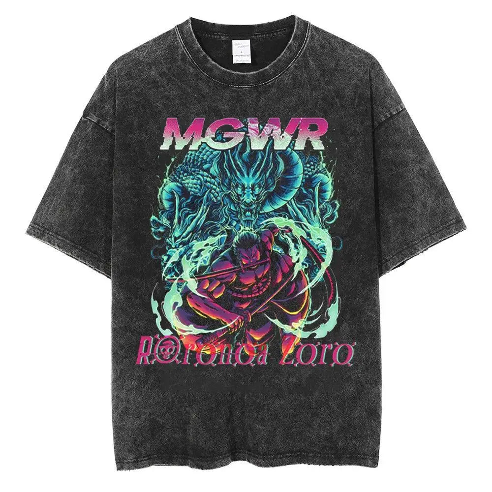 BANDAI ONE PIECE New Era Washed Old Animation T-shirt Short Sleeve Printing Loose Summer Pure Cotton Men's American T-shirt
