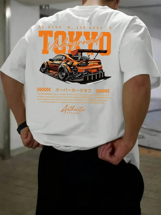 Men's Summer Cotton Fashionable Casual Loose OverSize Japanese Tokyo Pattern Printed Round Neck T-shirt Men's Women's T-shirts