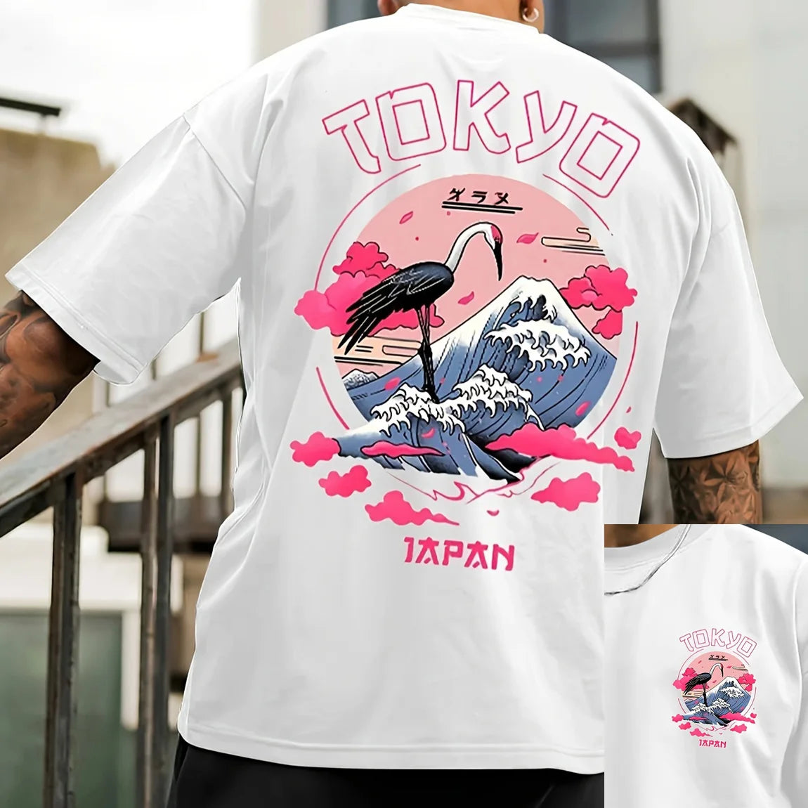 Men's summer 100% cotton Tokyo casual pattern printed fashionable and casual loose round neck short sleeved T-shirt top