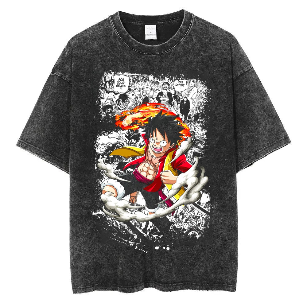 BANDAI ONE PIECE New Era Washed Old Animation T-shirt Short Sleeve Printing Loose Summer Pure Cotton Men's American T-shirt