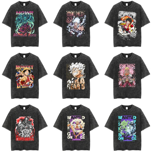 BANDAI ONE PIECE New Era Washed Old Animation T-shirt Short Sleeve Printing Loose Summer Pure Cotton Men's American T-shirt