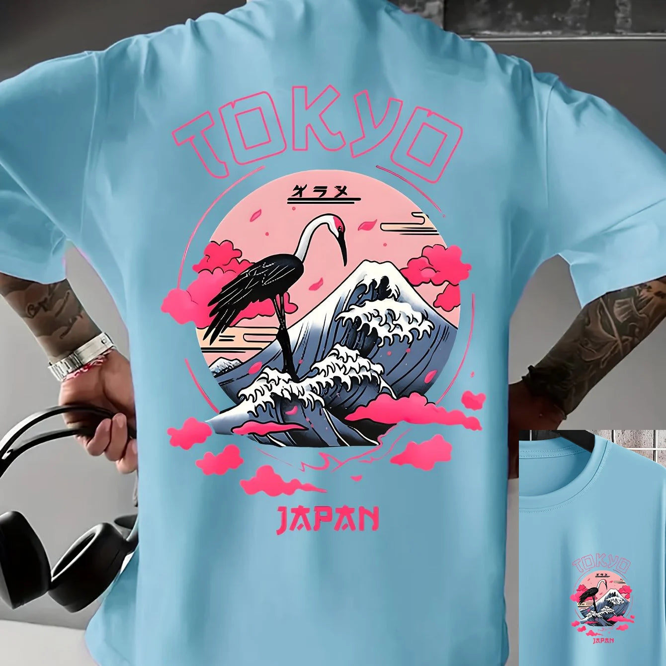 Men's summer 100% cotton Tokyo casual pattern printed fashionable and casual loose round neck short sleeved T-shirt top