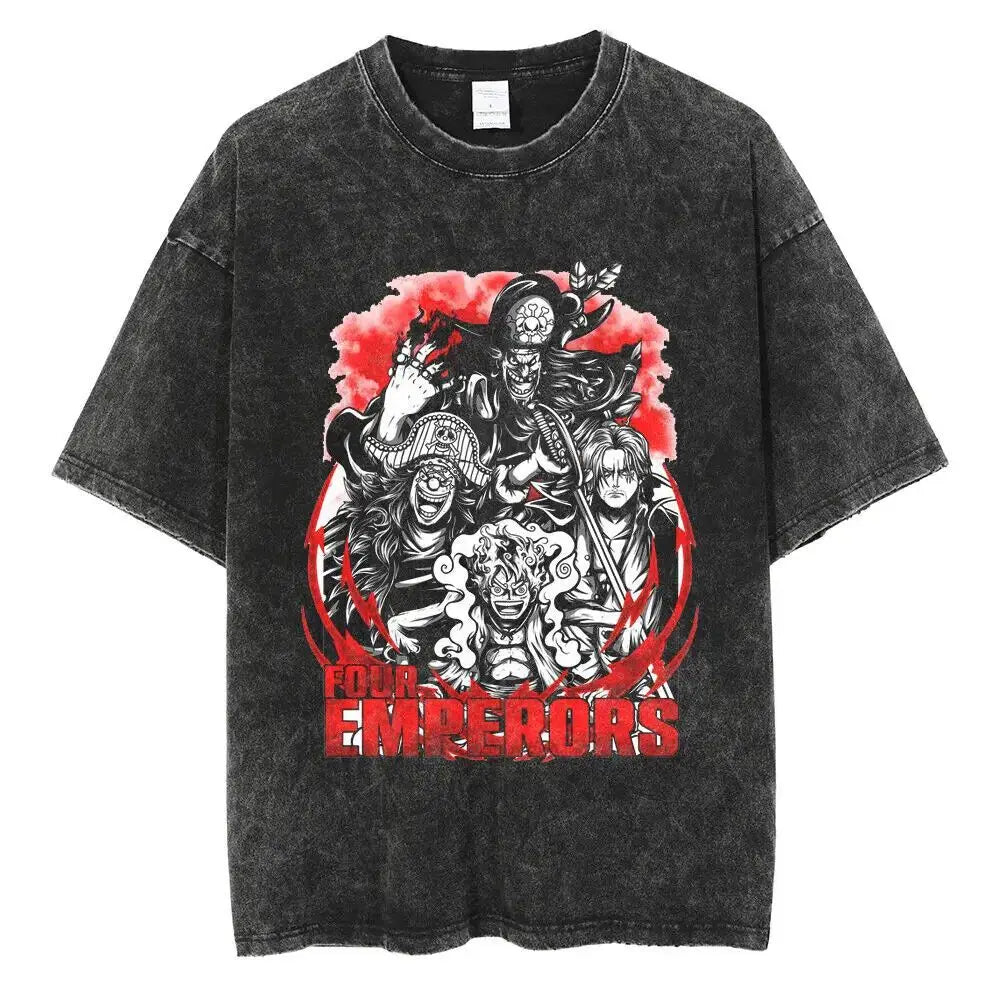 BANDAI ONE PIECE New Era Washed Old Animation T-shirt Short Sleeve Printing Loose Summer Pure Cotton Men's American T-shirt