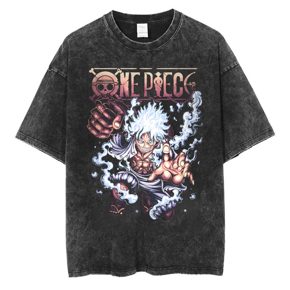 BANDAI ONE PIECE New Era Washed Old Animation T-shirt Short Sleeve Printing Loose Summer Pure Cotton Men's American T-shirt